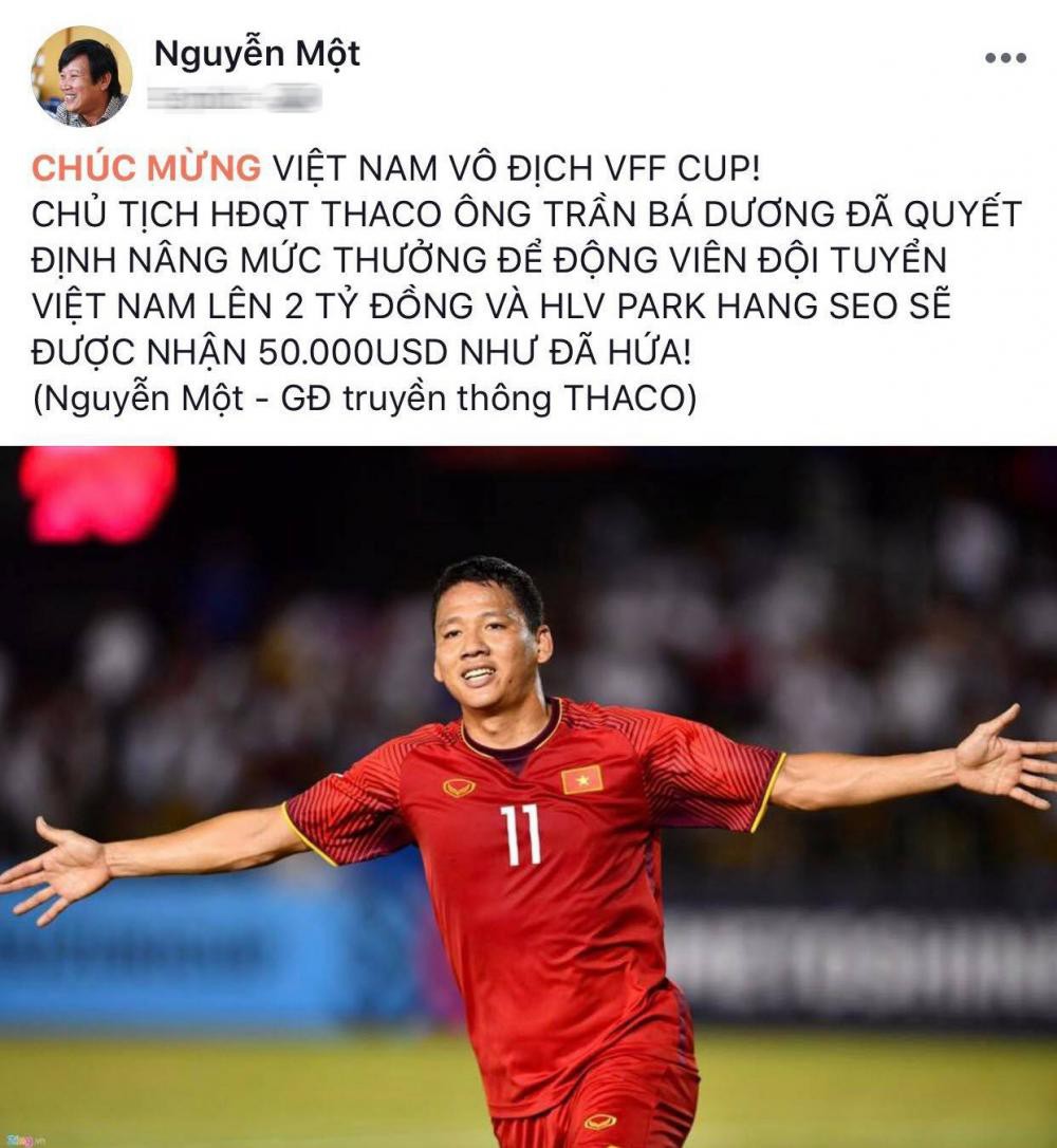 Ông Nguyễn Một chia sẻ về việc trao thưởng cho tuyển Việt Nam và Park Hang Seo