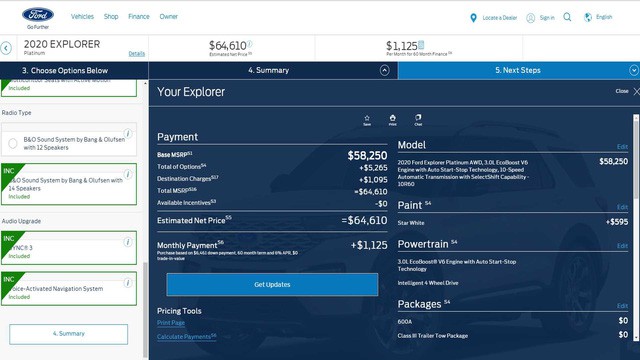 Cấu hình Explorer 2020 trên trang chủ của Ford ff