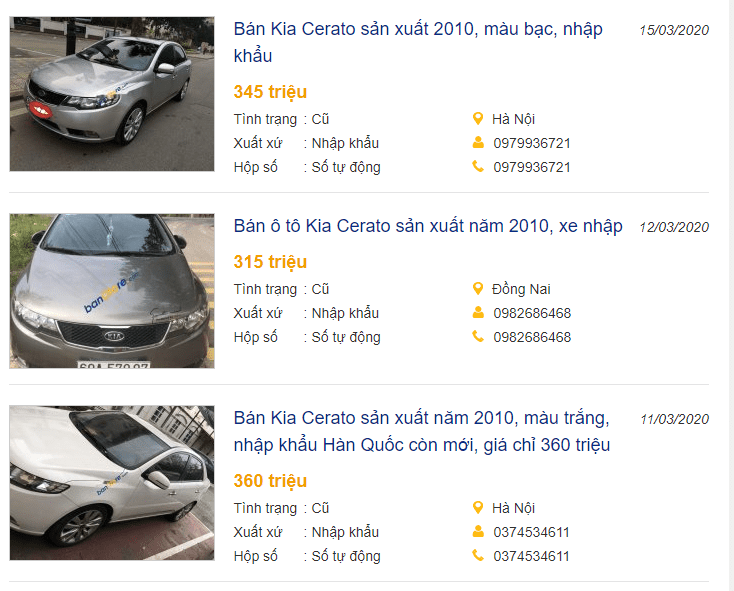 Kia Cerato 2010 đang có giá bán dao động từ 315-500 triệu đồng