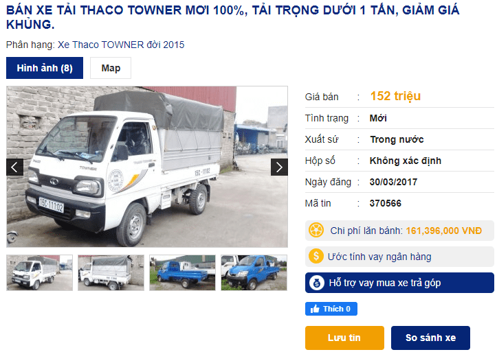 Giá xe tải Thaco 1 tấn đang được bán với 152 triệu đồng