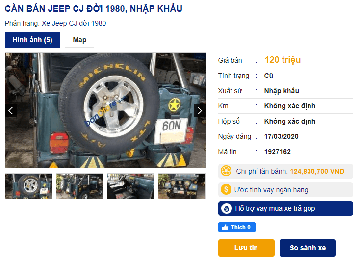 Xe Jeep 1980 rao bán với giá 120 triệu đồng